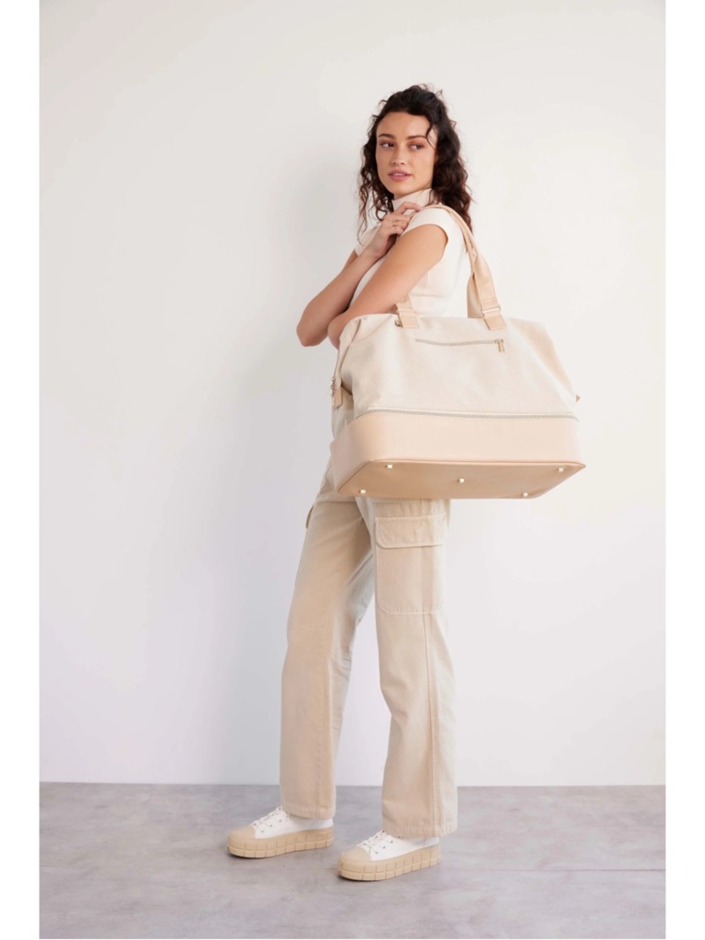 NWT BEIS Weekender Beige Shoulder Bag Tote Travel Full Size Canvas - Picture 13 of 13